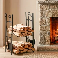 Outsunny Portalegna da Interno ed Esterno Rialzato a 2 Ripiani, Porta Legna da Ardere in Metallo con Supporti Rimovibili, Paletta, Scopa, Attizzatoio e Pinza, Capacità 70 kg, 44.5x29.5x73 cm, Nero(m-2)