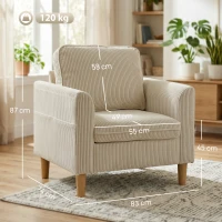 HOMCOM Poltrona da salotto in velluto a coste con cuscino a molle, 83x74x87 cm, Beige(m-3)