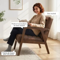 HOMCOM Fauteuil salon, fauteuil d'appoint rembourré en PU avec large assise, coussin épais et structure en bois massif, marron(m-7)