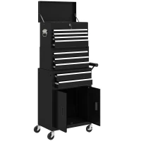 HOMCOM Caja de herramientas 3 en 1, armario de herramientas con 4 ruedas, caja de herramientas cerrable con 9 cajones, acero, negro(m-7)