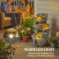 Outsunny Outdoor Water Fountain with 6-Tier Rock Style, Cascading Waterfall Feature with LED Lights, Adjustable Flow, Grey(m-5)