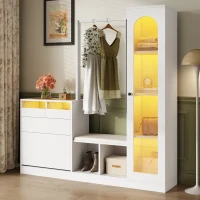 Set da Ingresso a LED con appendiabiti, tavolino, panca scarpiera e vetrina, 163x35x161 cm, Bianco(m-6)