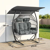 Outsunny Double Hanging Egg Chair with Canopy, Rattan Garden Egg Swing Chair with Cushion, Stand for Indoor Outdoor, Dark Grey(m-3)