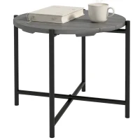 Outsunny 54 cm Round Outdoor Side Table, Industrial Small Garden Table with Slatted Wood Top and Metal Frame, Dark Grey(m-11)