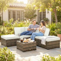 Outsunny Salotto da giardino angolare 5 posti con divani e tavolino, Crema(m-6)