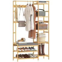 HOMCOM Perchero con zapatero, ganchos para ropa, perchero para abrigos, banco con cojín, para pasillo, entrada, madera natural(m-6)