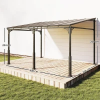 Outsunny Pergola Addossata 4x3 m con Tetto in Policarbonato, Metallo e Alluminio con Viti, Marrone(m-3)