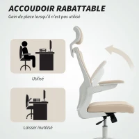 HOMCOM Chaise bureau ergonomique, fauteuil de bureau, accoudoirs relevables, soutien lombaire, appui-tête, 60x63x120cm, beige(m-7)