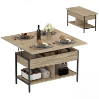 HOMCOM Mesa de centro elevable y extensible, mesa de salón con compartimento oculto estanterías abiertas, 98x49x55cm, madera natural(m-7)