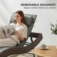 Outsunny Rattan Sun Lounger, Garden Recliner with 5 Position Adjustable Back, S Shaped Texteline Seat, Headrest, Brown(m-8)