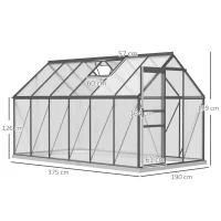 Outsunny Invernadero de jardín en policarbonato y aleación de aluminio con base, invernadero con ventana regulable y puerta corredera 190x375x199cm(m-3)