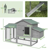 PawHut Pollaio in legno con recinto, nido, rampa e vassoio estraibile per 2-4 galline, 168x75x103 cm, Grigio(m-3)
