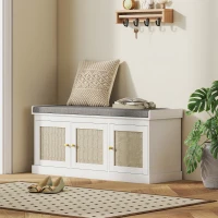 HOMCOM Panca portascarpe 9 paia con 3 ante in rattan e cuscino, 105x35x47 cm, Bianco(m-6)