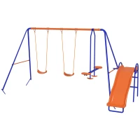 Outsunny Four-In-One Metal Garden Swing Set, with Double Swings, Glider, Slider, Ladder - Orange and Blue(m-1)
