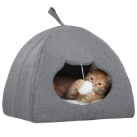 PawHut Cat Cave Bed for Indoor Kittens, Cat House with Removable Cushion and Teaser Ball, Kitty Igloo with Anti-Slip Base, 42 x 42 x 39 cm, Grey(m-9)