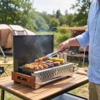 Outsunny Barbecue Portatile a Carbone con Vaschetta Rimovibile, in Acciaio Inox e Metallo, 50.5x34x33 cm, Nero(m-9)