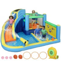 AIYAPLAY Castel gonflabil cu suflător 8 în 1, parc acvatic, tobogan, trambulină, piscină de mingi, Oxford, multicolor(m-8)