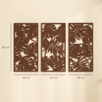 HOMCOM Decorazione parete in legno 3D set 3 pannelli foglie tropicali, 40x80 cm, Noce(m-3)