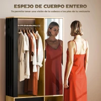 HOMCOM Armario Ropero con Puerta con Espejo Barra para Colgar 2 Compartimentos Abiertos 80x30x170 cm Natural y Negro(m-5)