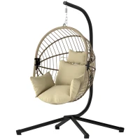 Outsunny Hänge-Ei-Sessel, Schaukel-Hängestuhl Innen und Außen, Klappbarer Korb, Gepolstertes Kissen, Kaki(m-1)