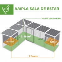 PawHut Galinheiro Grande de Madeira para Exterior em L para Canto com 2 Ninhos Recinto e Bandejas Removíveis 251x192x103 cm Cinzento(m-5)