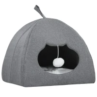 PawHut Cat Cave Bed for Indoor Kittens, Cat House with Removable Cushion and Teaser Ball, Kitty Igloo with Anti-Slip Base, 42 x 42 x 39 cm, Grey(m-1)