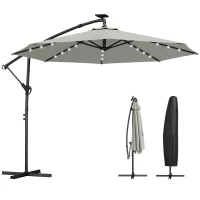 Outsunny Ombrellone a braccio con LED solari e manovella, Ø300 cm, Grigio chiaro(m-6)