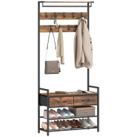 HOMCOM Porte-manteau sur pied avec crochets, banc à chaussures, organiseur d'entrée industriel, cadre en acier, Brun rustique