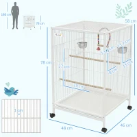 PawHut Gabbia per uccelli con ruote, posatoi e vassoio estraibile, 48x46x78 cm, Bianco(m-3)