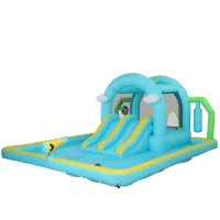 AIYAPLAY Château Gonflable Aquatique 7 en 1 avec Souffleur 2 Toboggans Trampoline Piscine Panier Colonne de Boxe 426x360x198 cm(m-1)