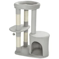 PawHut Árbol rascador torre de juegos para gatos postes rascadores, plataforma, caseta, pelota, tejido de peluche, 60 x 45 x 90 cm, gris claro(m-8)