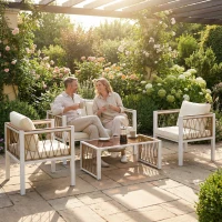 Outsunny Ensemble de jardin 4 pièces en polyrattan, salon avec canapé 2 places, 2 fauteuils, table en verre, coussins amovibles, tapis antidérapant(m-2)