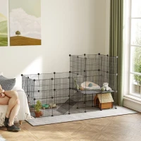 PawHut Recinto para pequeños animales, jaula para conejos modular 2 niveles, 39 paneles con rampa, acero, 140 x 70 x 105 cm, negro(m-6)
