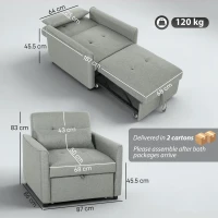 HOMCOM Poltrona letto 3 in 1 estraibile con schienale regolabile, Grigio(m-3)