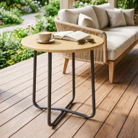 Outsunny Mesa de Jardim Ø48 cm, Mesa de Varanda em Metal Resistente às Intempéries, Mesa Redonda para Jardim Terraço Varanda Madeira Natural(m-2)