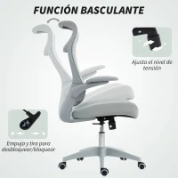 HOMCOM Silla de Oficina Ergonómica Giratoria de Malla con Soporte Lumbar Reposabrazos Abatibles Reposacabezas Basculante Gris(m-8)