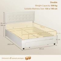 HOMCOM Struttura Letto Matrimoniale con Rete, Cassetto su Ruote e Testiera Regolabile Capitonné Effetto Velluto, Crema(m-3)