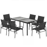 Outsunny Conjunto de Mesa y Sillas Jardín con Mesa de Efecto Madera y 6 Sillas con Asiento Transpirable para Terraza Patio Negro(m-11)
