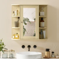 HOMCOM Armario de Baño con Espejo Armario de Pared con Estantes Abiertos 66x17x63 cm Natural(m-7)
