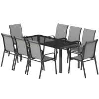 Outsunny Ensemble d'extérieur 9pcs avec 8 Chaises Empilables en Textilène et Table Basse avec Plateau en Verre, Gris Clair(m-1)