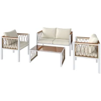 Outsunny Ensemble de jardin 4 pièces en polyrattan, salon avec canapé 2 places, 2 fauteuils, table en verre, coussins amovibles, tapis antidérapant(m-1)