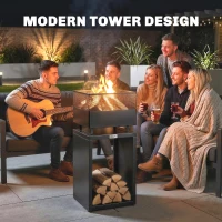Outsunny Outdoor Fire Pit with Wood Storage Wood Burning Firepit with Mesh Sides 87 cm Black(m-4)