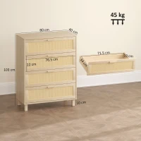 HOMCOM Cassettiera 4 cassetti con frontali in rattan, 80x40x103 cm, Legno chiaro(m-3)