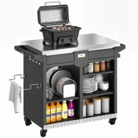 Outsunny Chariot de barbecue 5 niveaux Table de cuisson avec surface en acier inoxydable étagères réglables tiroirs roulettes porte-épices porte-serviette(m-6)
