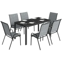 Outsunny Set Masă și Scaune Grădină cu Masă Metalică cu Orificiu și 6 Scaune Stivuite Respirabile pentru Terasă Gri(m-7)