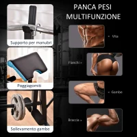 HOMCOM Panca Multifunzione con Supporto Bilanciere e Schienale Regolabile, in Acciaio e PU, 155x56.5x120 cm, Nero e Blu(m-5)