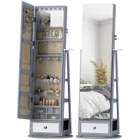 HOMCOM Specchio Portagioie con Luci LED, Armadio Portagioie con Specchio a Figura Intera, Girevole 360° e Cassetto Serratura, Grigio Chiaro(m-7)
