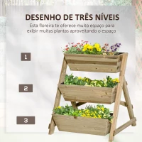 Outsunny Horta de Escada de 3 Níveis Horta de Madeira com Tecido não tecido e Orifícios de Drenagem Horta para Plantas Flores Ervas 71x61x77cm Madeira Natural(m-4)
