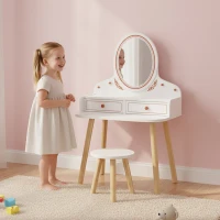 AIYAPLAY Toucador Infantil de Maquilhagem com Banqueta e Espelho 2 Gavetas e Barras para Pendurar dos 3 aos 8 Anos, Branco(m-9)