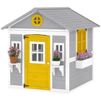 Outsunny Casetta bambini legno con porta, finestre e fioriere, Grigio(m-6)